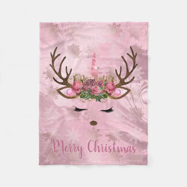 Girly rose gold marble unicorn reindeer snowflakes fleece blanket (Front)