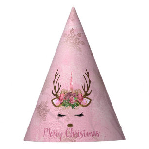 Girly rose gold marble unicorn reindeer snowflakes party hat