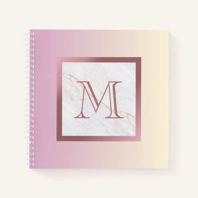 Girly Rose Gold Monogram Marble Pink Ombre Notebook (Front)