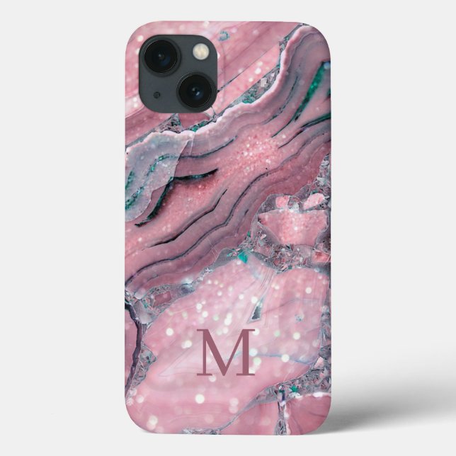 Girly Rose Gold Pink Agate Quartz Glitter Monogram Case-Mate iPhone Case (Back)