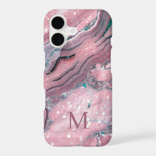 Girly Rose Gold Pink Agate Quartz Sparkle Monogram