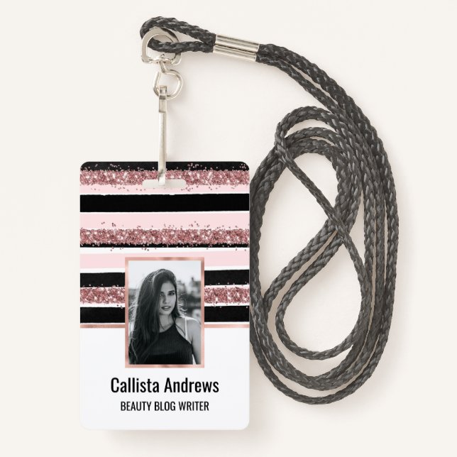 Girly Rose Gold Pink Black Glitter Stripes Pattern Badge (Front with Lanyard)