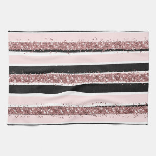 Girly Rose Gold Pink Black Glitter Stripes Pattern Kitchen Towel