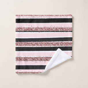 Girly Rose Gold Pink Black Glitter Stripes Pattern Wash Cloth