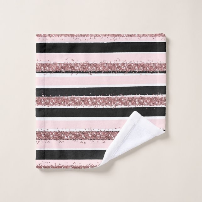 Girly Rose Gold Pink Black Glitter Stripes Pattern Wash Cloth (Wash Cloth)