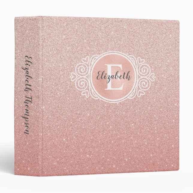 Girly Rose Gold Pink Glitter Monogram Binder (Front/Spine)