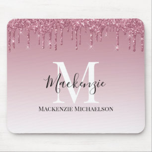 Girly Rose Gold Pink Glitter Monogram Name Mouse Pad