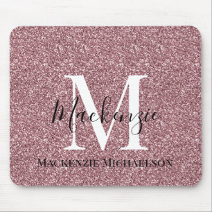 Girly Rose Gold Pink Glitter Monogram Name  Mouse Pad