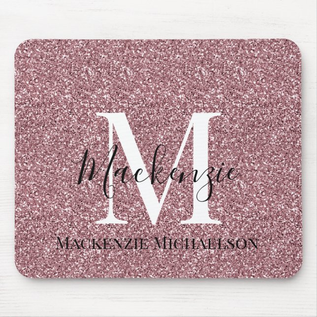 Girly Rose Gold Pink Glitter Monogram Name  Mouse Pad (Front)