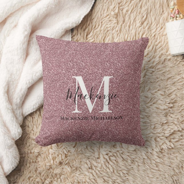 Girly Rose Gold Pink Glitter Monogram Name  Throw Pillow (Blanket)