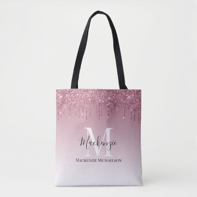 Girly Rose Gold Pink Glitter Monogram Name  Tote Bag (Front)