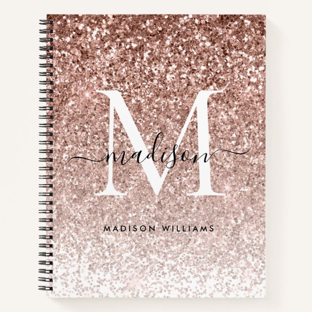 Girly Rose Gold Pink Glitter Sparkle Chic Monogram Notebook (Front)