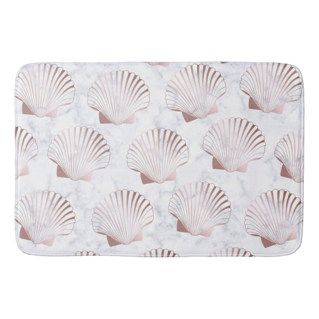 Girly rose gold seashell pattern & white marble bath mat (Front)