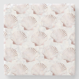 Girly rose gold seashell pattern & white marble stone coaster