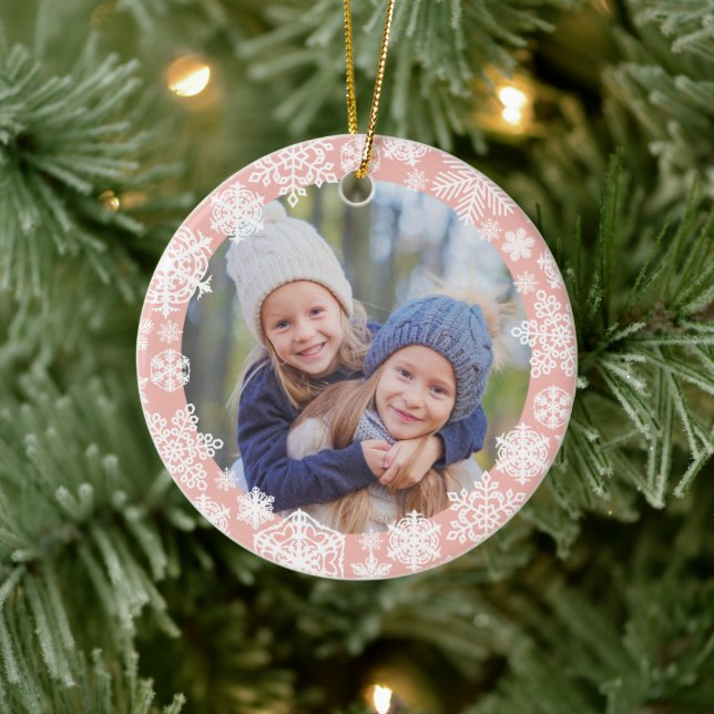 Girly Rose Gold Snowflake Merry and Bright Photo Ceramic Ornament (Tree)