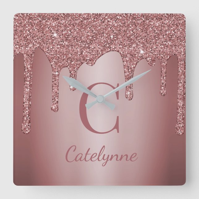 Girly Rose Gold Sparkle Dripping Glitter Monogram Square Wall Clock (Front)