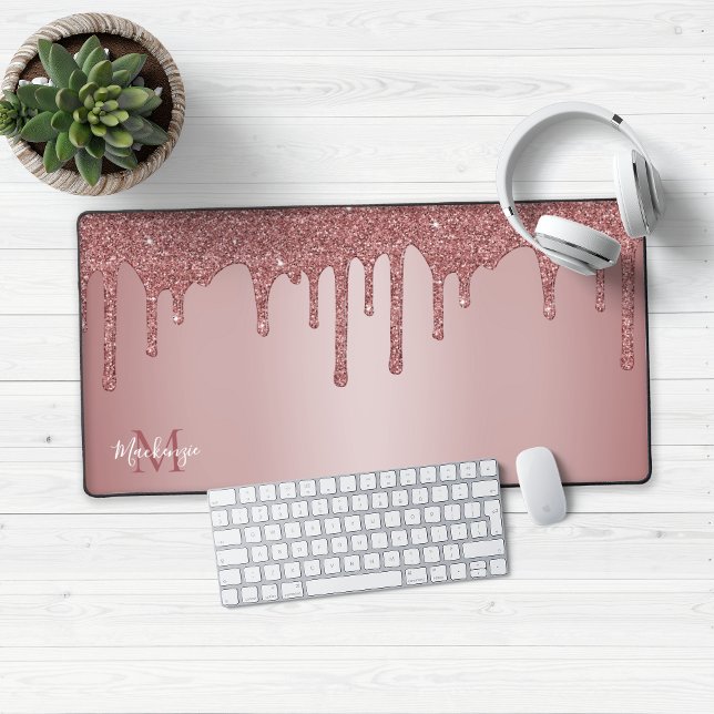 Girly Rose Gold Sparkle Glitter Drips monogram (Rose Gold Glitter Drips Desk Mat Mouse Pad)