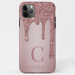 Girly Rose Gold Sparkle Glitter Drips Monogram iPhone 11 Pro Max Case