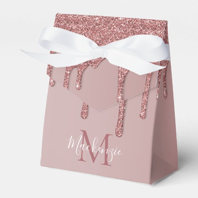 Girly Rose Gold Sparkle Glitter Drips Monogram Favor Box (Front Side)