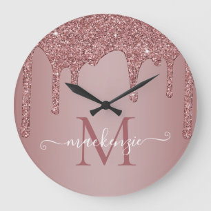 Girly Rose Gold Sparkle Glitter Drips Monogram Large Clock