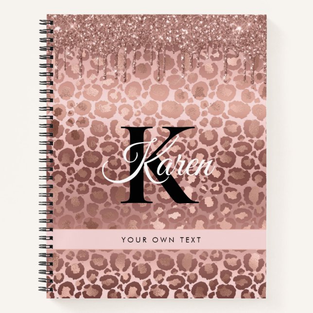 Girly Rose Gold Sparkle Glitter Drips Monogram Notebook (Front)