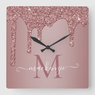 Girly Rose Gold Sparkle Glitter Drips Monogram Square Wall Clock
