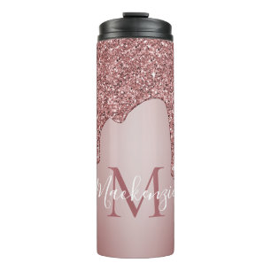 Girly Rose Gold Sparkle Glitter Drips Monogram Thermal Tumbler
