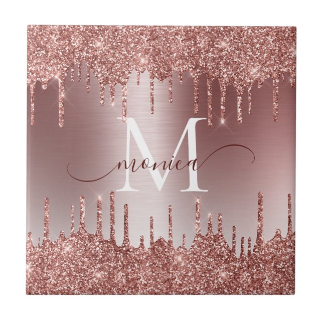 Girly Rose Gold Sparkle Glitter Drips Monogrammed Tile (Front)