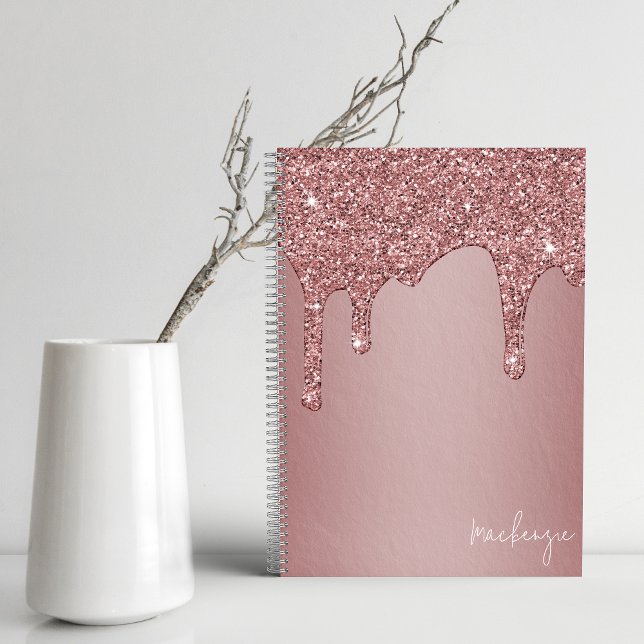 Girly Rose Gold Sparkle Glitter Drips Personalized Notebook (Creator Uploaded)