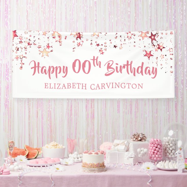 Girly Rose Gold Stars Happy Birthday Name Banner (Party)