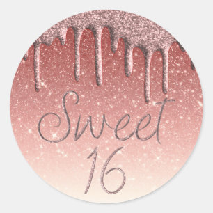 Girly Rose Gold Sweet 16 Birthday Glitter Drip Classic Round Sticker