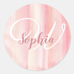 Girly Rose Gold Watercolor Blush Monogram Name Classic Round Sticker