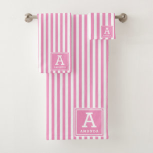 Girly Rose Pink Cabana Stripes Monogrammed Initial Bath Towel Set