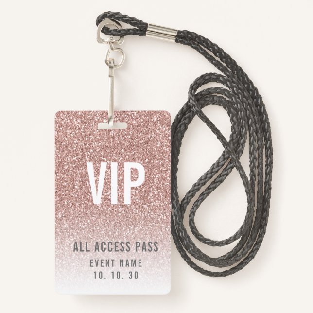 Girly Rose Pink Glitter Female VIP Access Event Badge (Front with Lanyard)