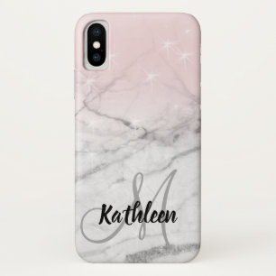 Girly Rose Pink Grey Marble Monogram Name Case-Mate iPhone Case