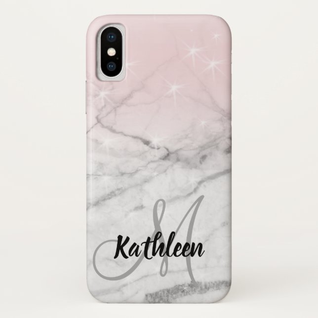 Girly Rose Pink Grey Marble Monogram Name Case-Mate iPhone Case (Back)