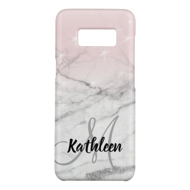Girly Rose Pink Grey Marble Monogram Name Case-Mate Samsung Galaxy Case (Back)