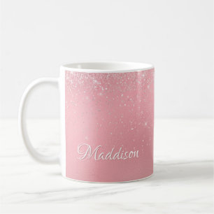 Girly Rose Pink Silver Glitter Personalized Name Coffee Mug