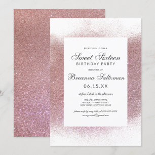 Girly Rose Pink White Glitter Dust Border Sweet 16 Invitation