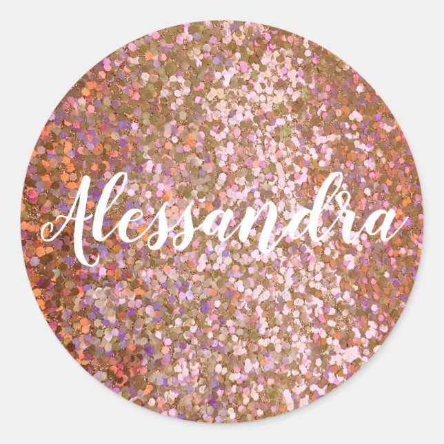 Girly Rose Purple Glitter Name Classic Round Sticker (Front)