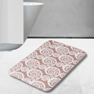 Girly Rosy-White Botanical Fern Leaf Curls Swirls Bath Mat