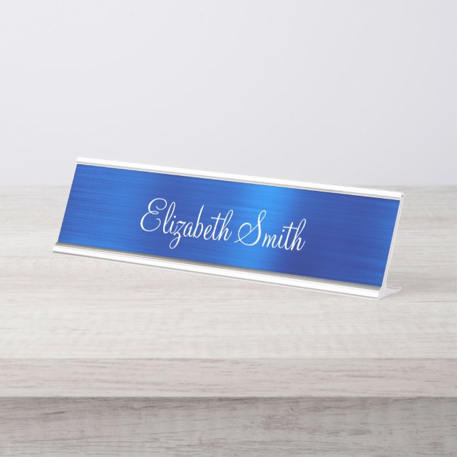 Girly Royal Blue Metallic Foil Desk Name Plate (Front)