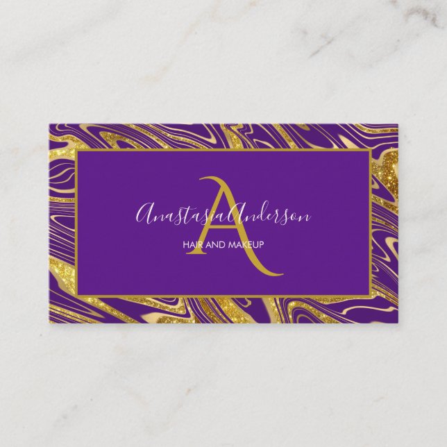Girly Royal Purple Gold Marble Glitter Monogram Business Card (Front)