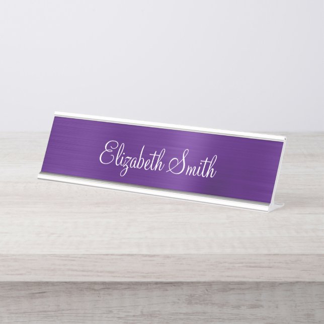 Girly Royal Purple Metallic Foil Desk Name Plate (Front)
