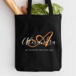 Girly Saffron Orange Elegant Script Name Monogram Tote Bag<br><div class="desc">Personalize your beautiful monogrammed trendy black Grocery Tote Bag! The text below may be personalized to your preferred sentence or even your full name; you can also delete it if you prefer. If you need help, please let us know at belytaliarecipes@gmail.com, and we will be glad to assist you. ©...</div>