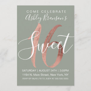 Girly Sage Green Rose Gold Foil Sweet 16 Invitation