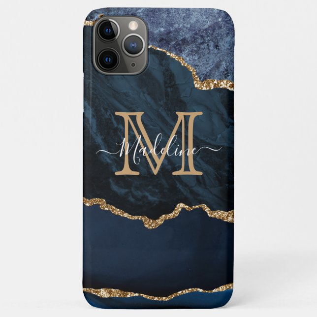 Girly Script Monogram Navy Blue Agate Geode Case-Mate iPhone Case (Back)