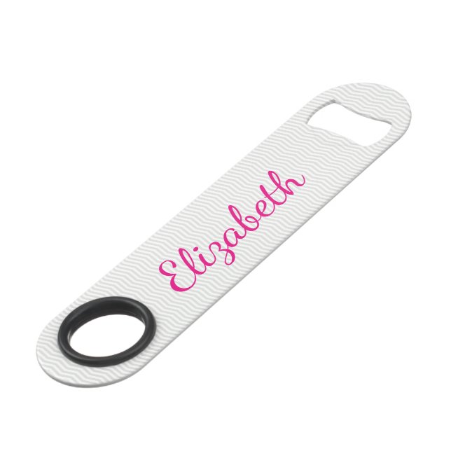 Girly Script Name with Classic Grey Chevron Speed Bottle Opener (Front Angled)