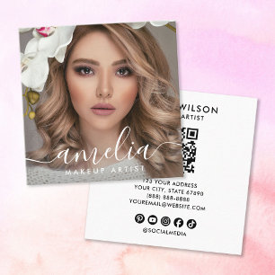 Girly Script QR Code Photo Square Business Card