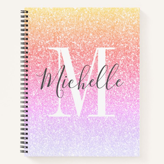 Girly Script Rainbow Glitter Sparkles Monogram Notebook (Front)